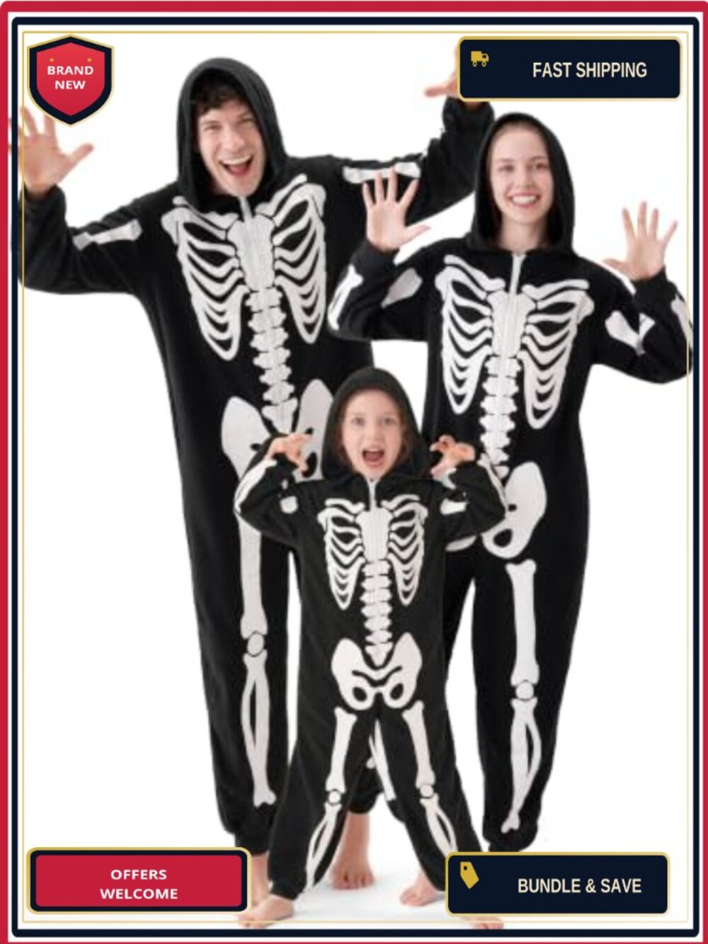 Skeleton Jumpsuit Costume Hooded Zip Front Halloween Cosplay Pajama